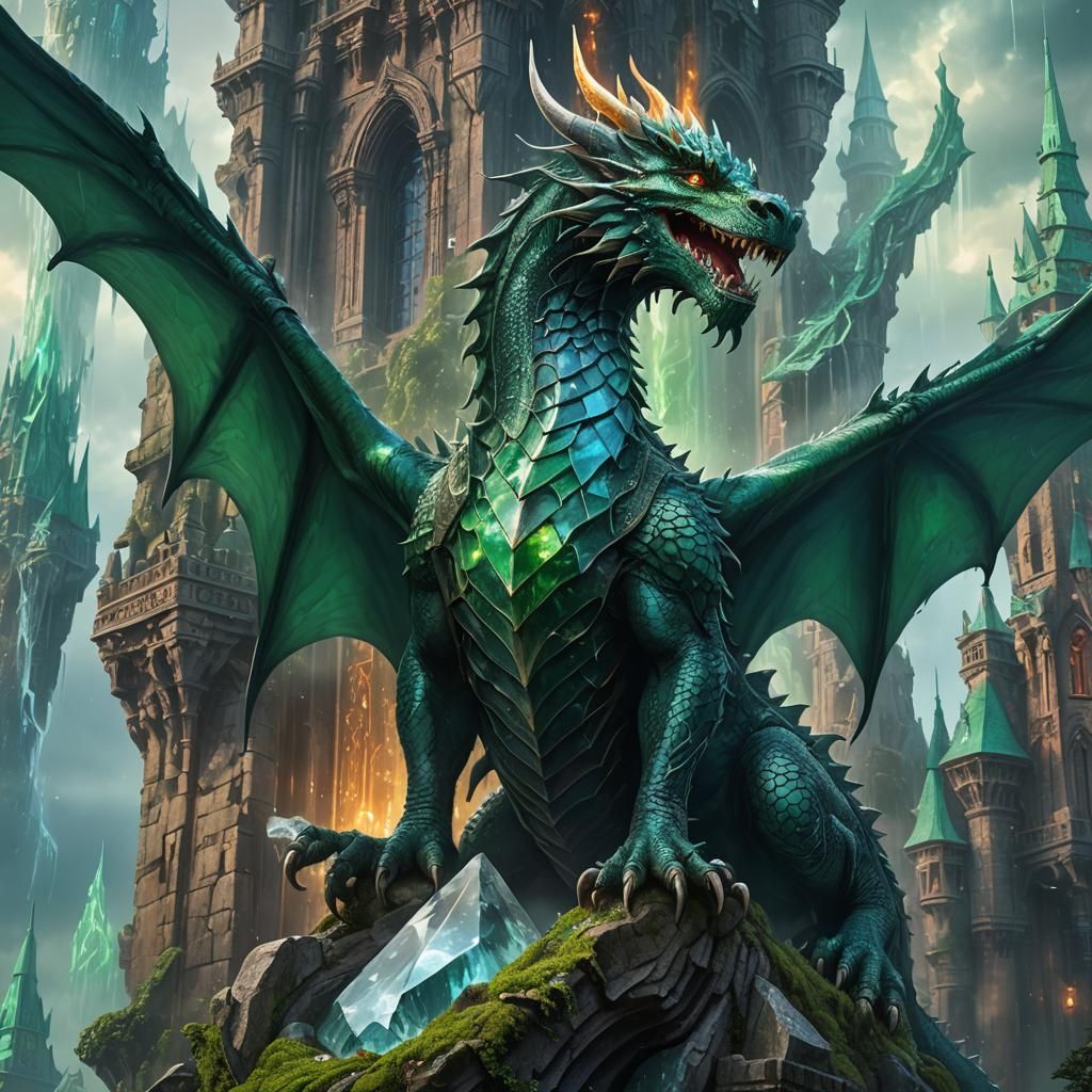 Mystical Dragon Embracing Crystal Spire in Oil Painting