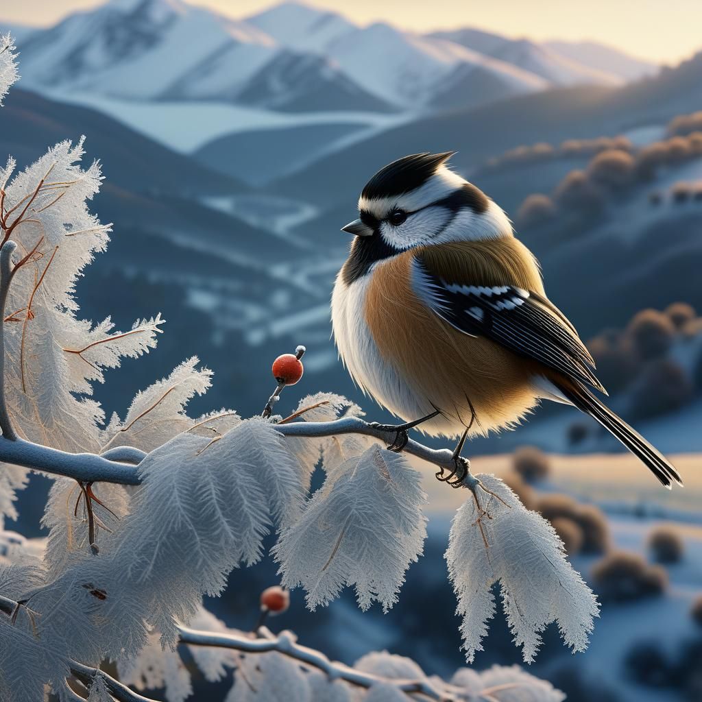 Serene Winter Scene: Tit on Rowan Branch in Golden Hour