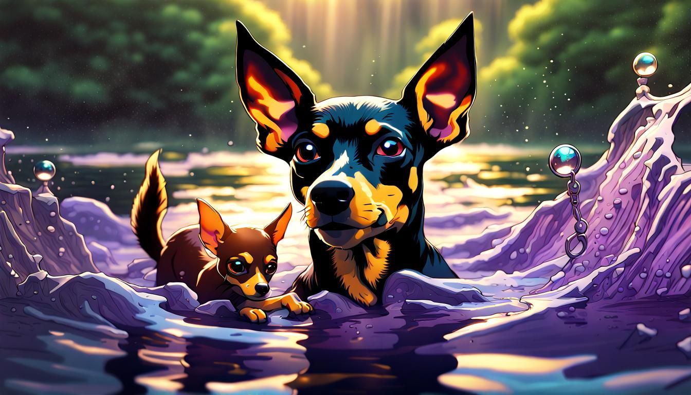 Miniature Pinscher Superhero Saves Squirrel: Dark Fantasy Ar...