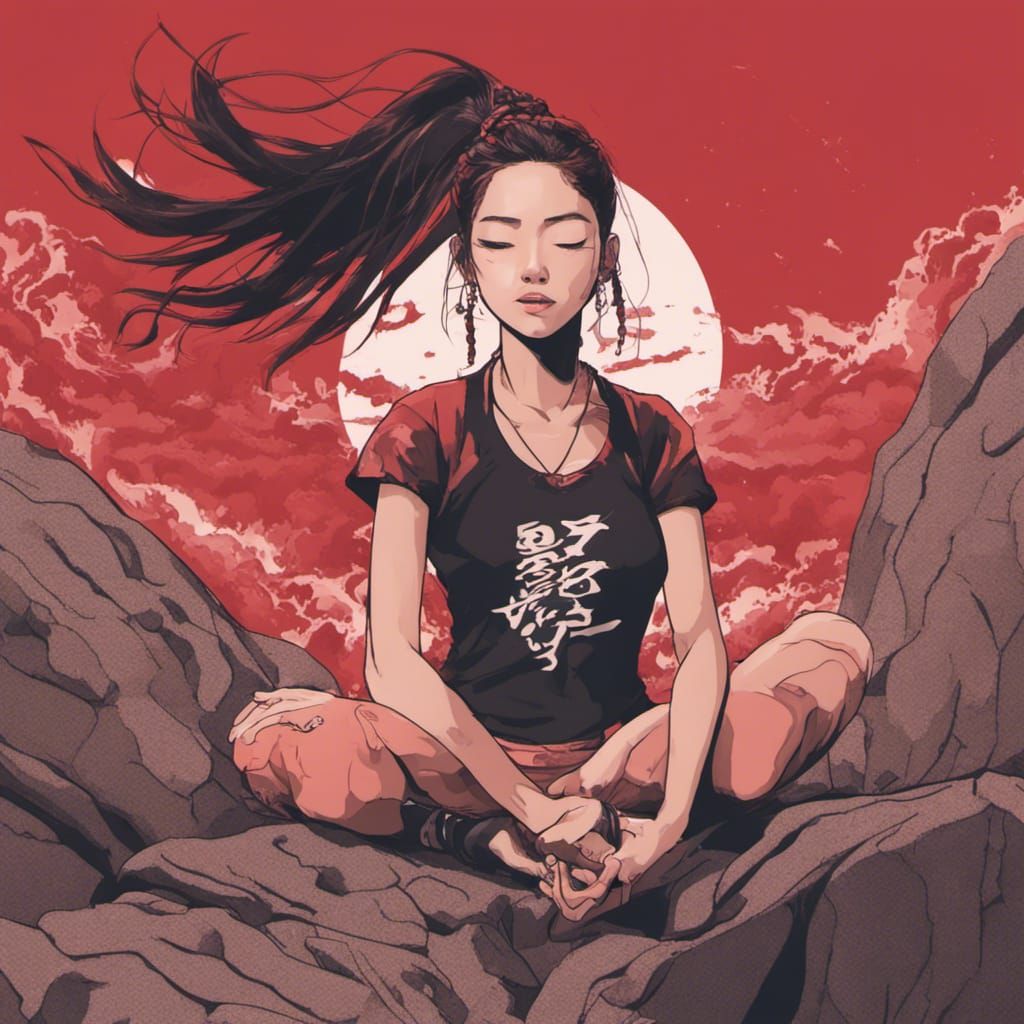 Korean Woman Meditating Amidst Chaotic Graffiti Art