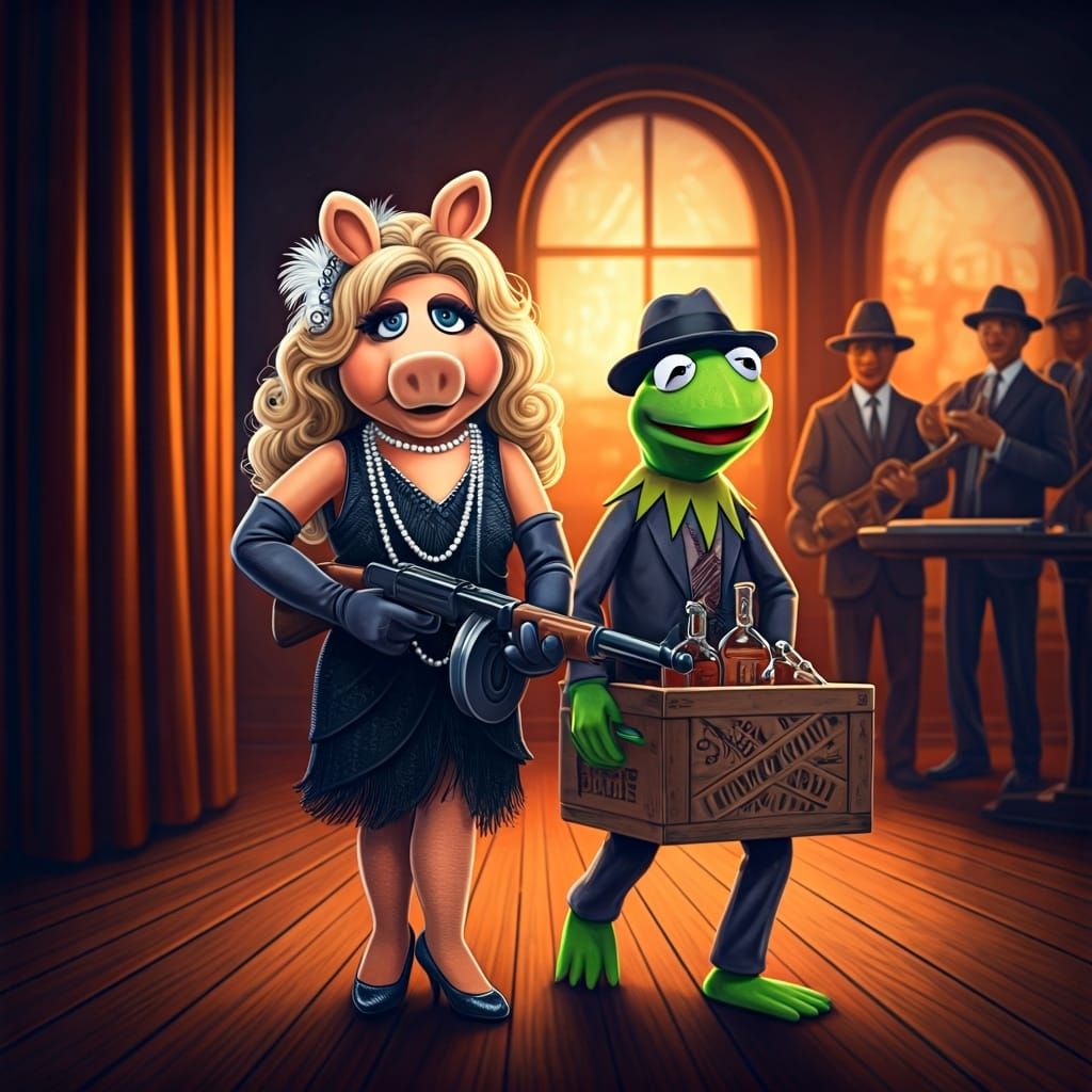 Miss Piggy and Kermit as Gangsters in Speakeasy