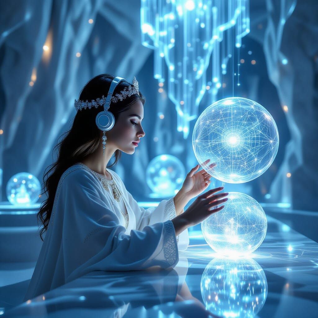 Goddess of Light Archivist in Luminous Neo-Brutalist Library