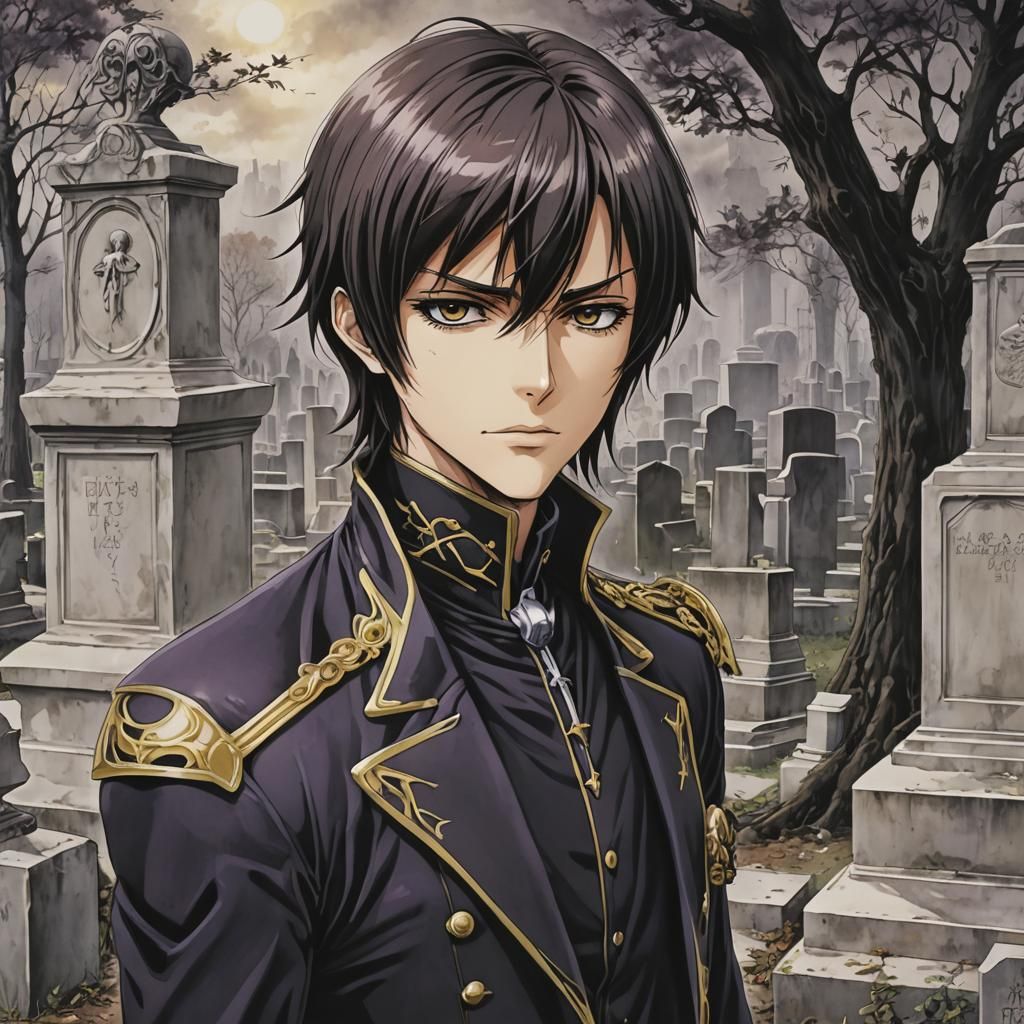 Lelouch Lamperouge Portrait in Graveyard, Manga Style