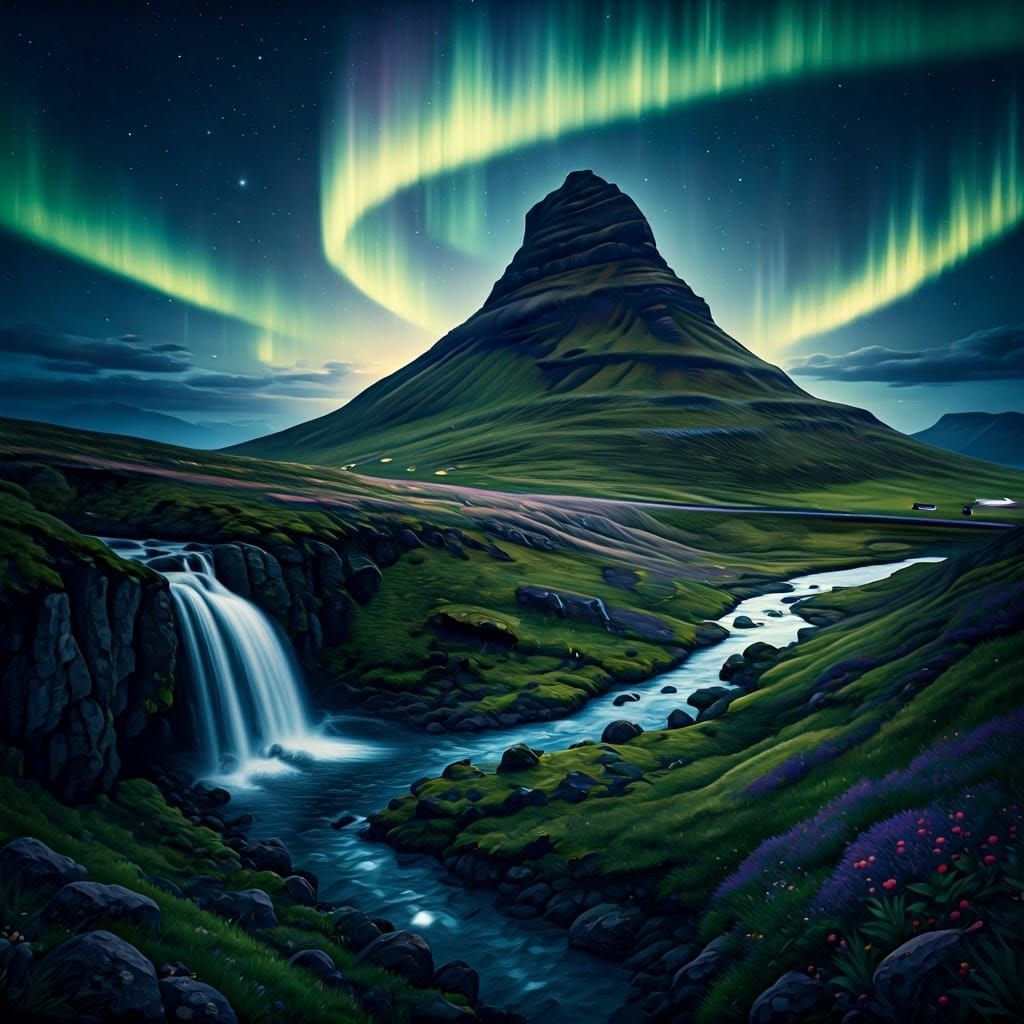 Mountain View with Northern Lights in Kinkade Style