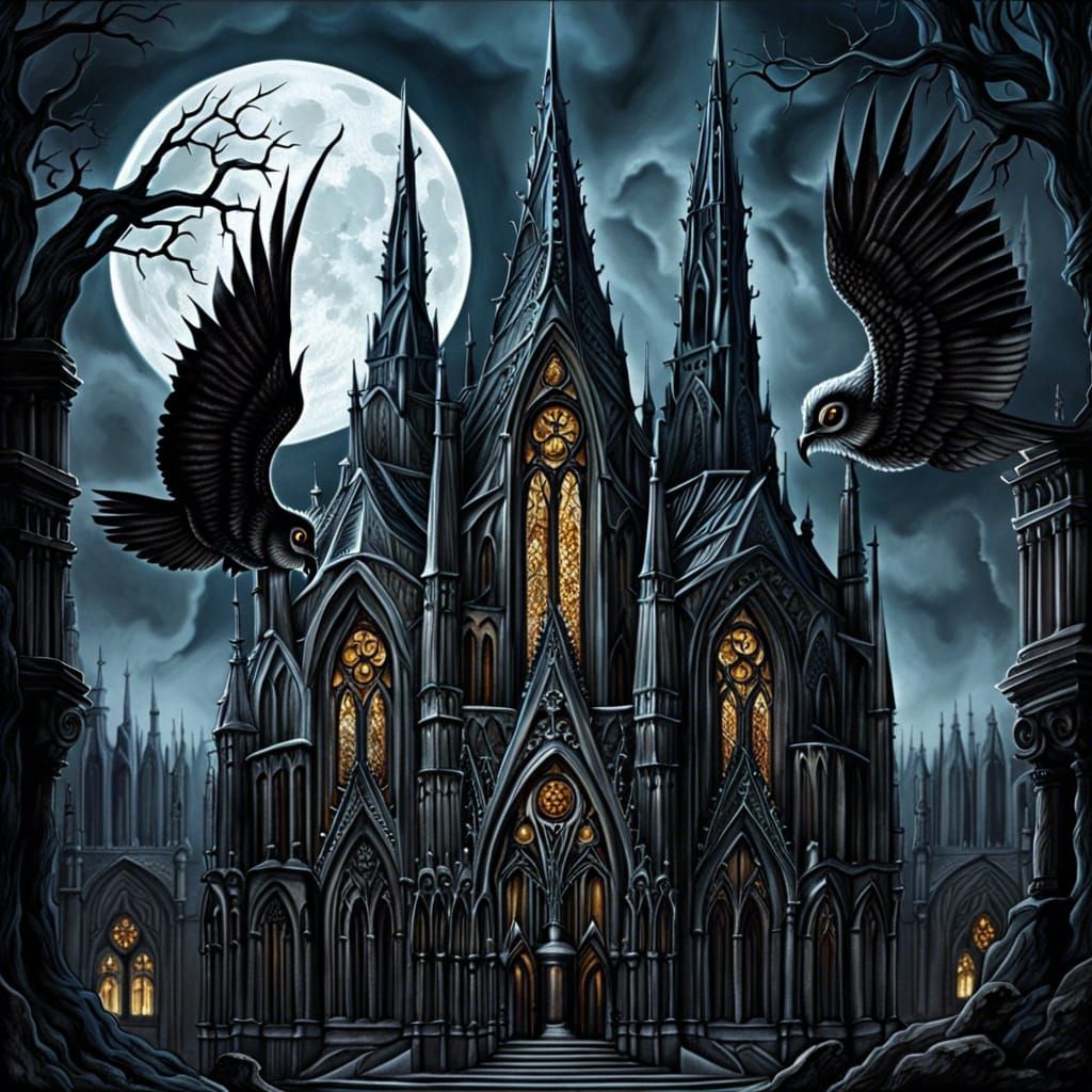 Eerie Gothic Cathedral with Gargoyles and Moon