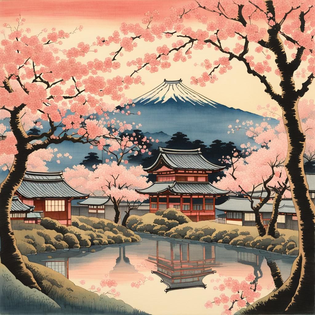 Japanese Village Hidden by Cherry Blossoms, Ukiyo-e Style