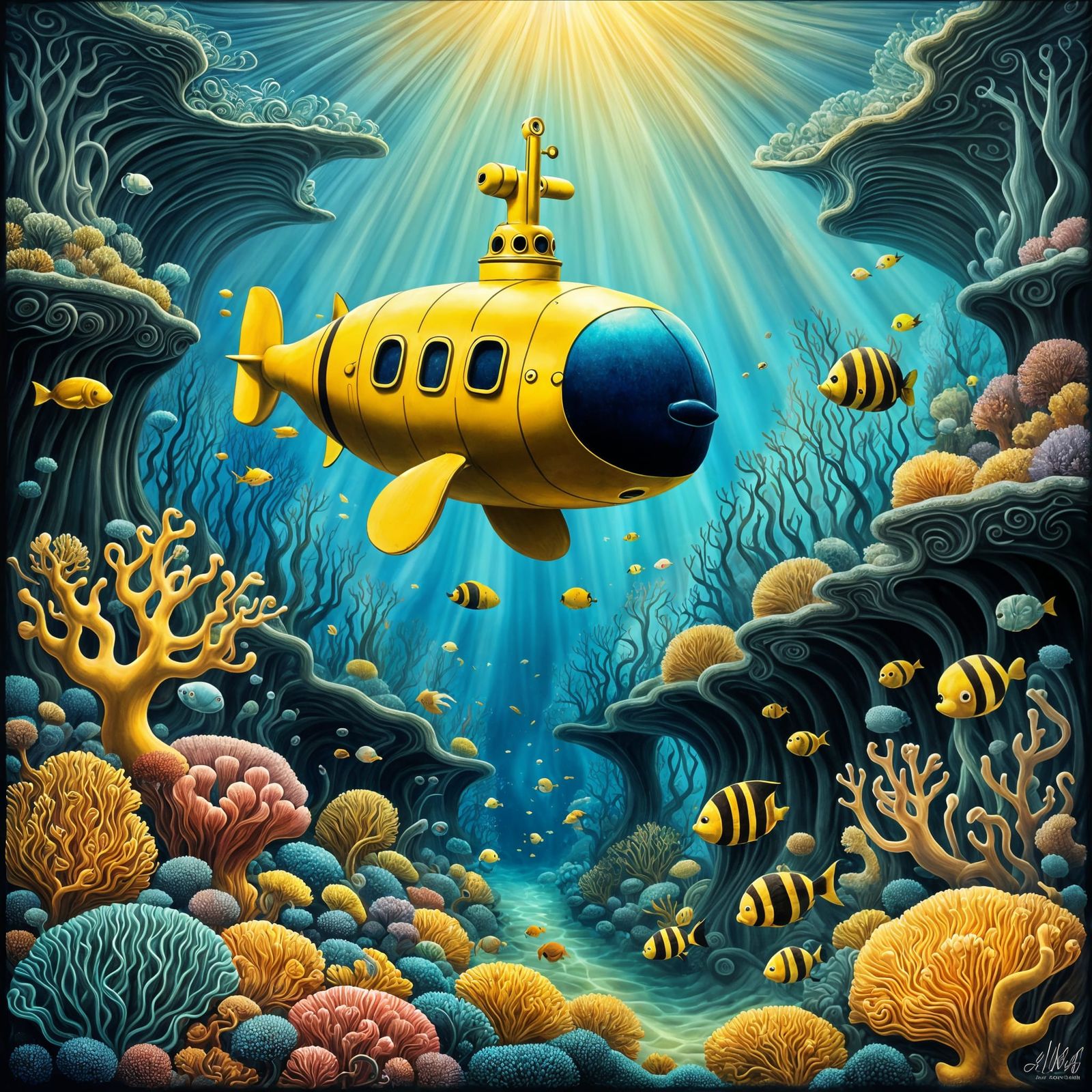 Chibi Yellow Submarine in Iridescent Coral Reef