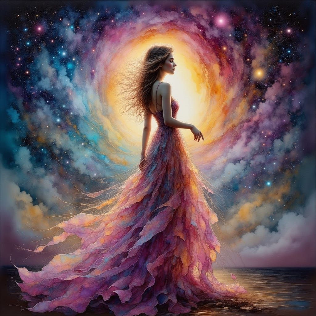 Ethereal Woman of Stardust and Light in Cosmos
