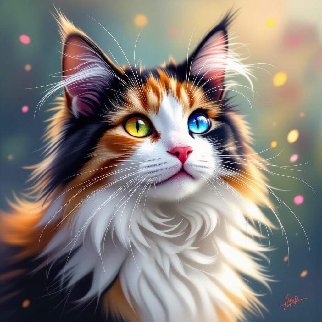 Adorable Fluffy Calico Cat in Dreamy Splash Art Style