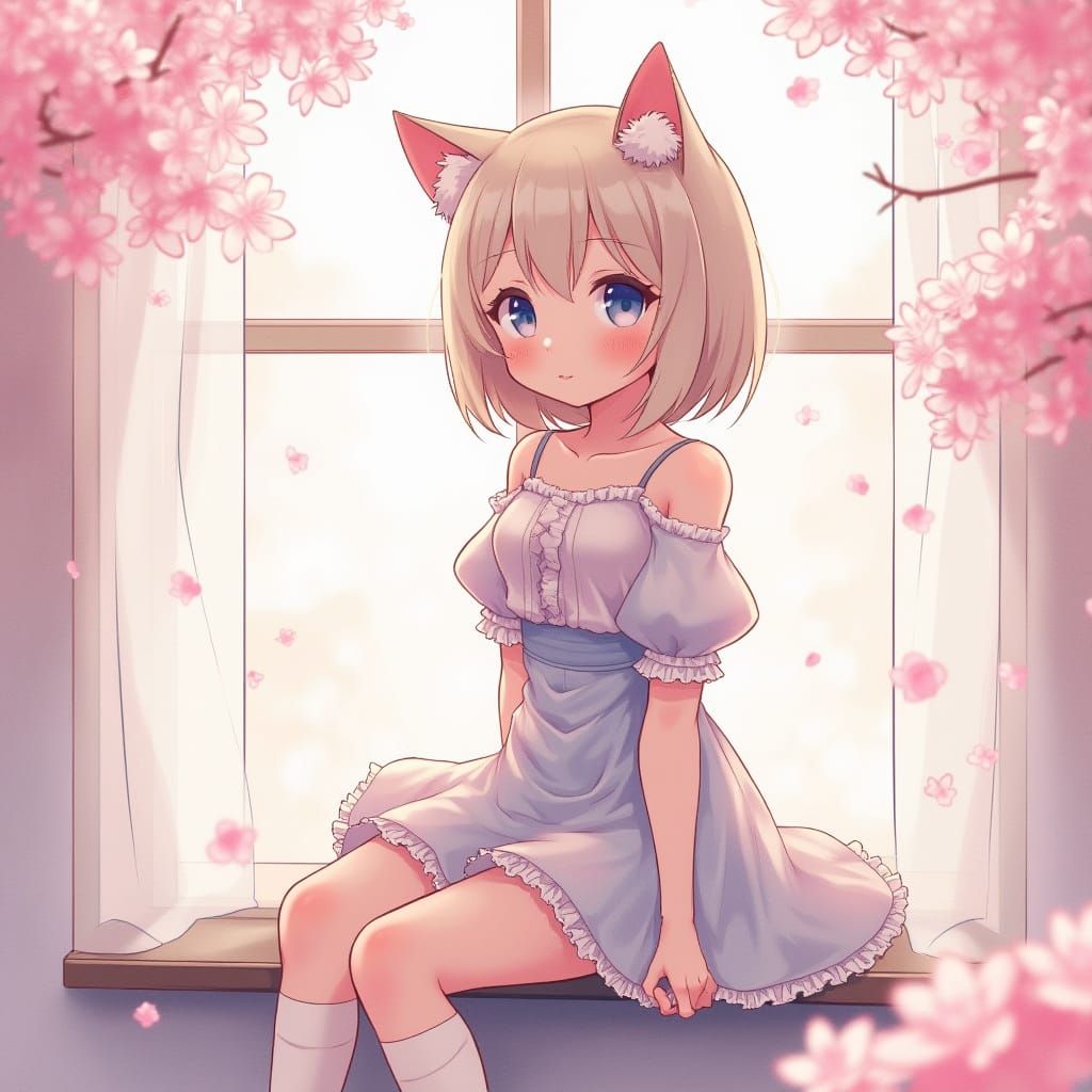 Anime Catgirl Surrounded by Cherry Blossoms