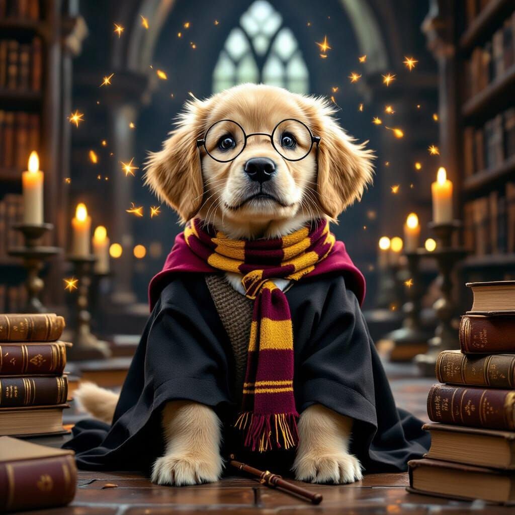 Golden Retriever Puppy as Harry Potter in Library