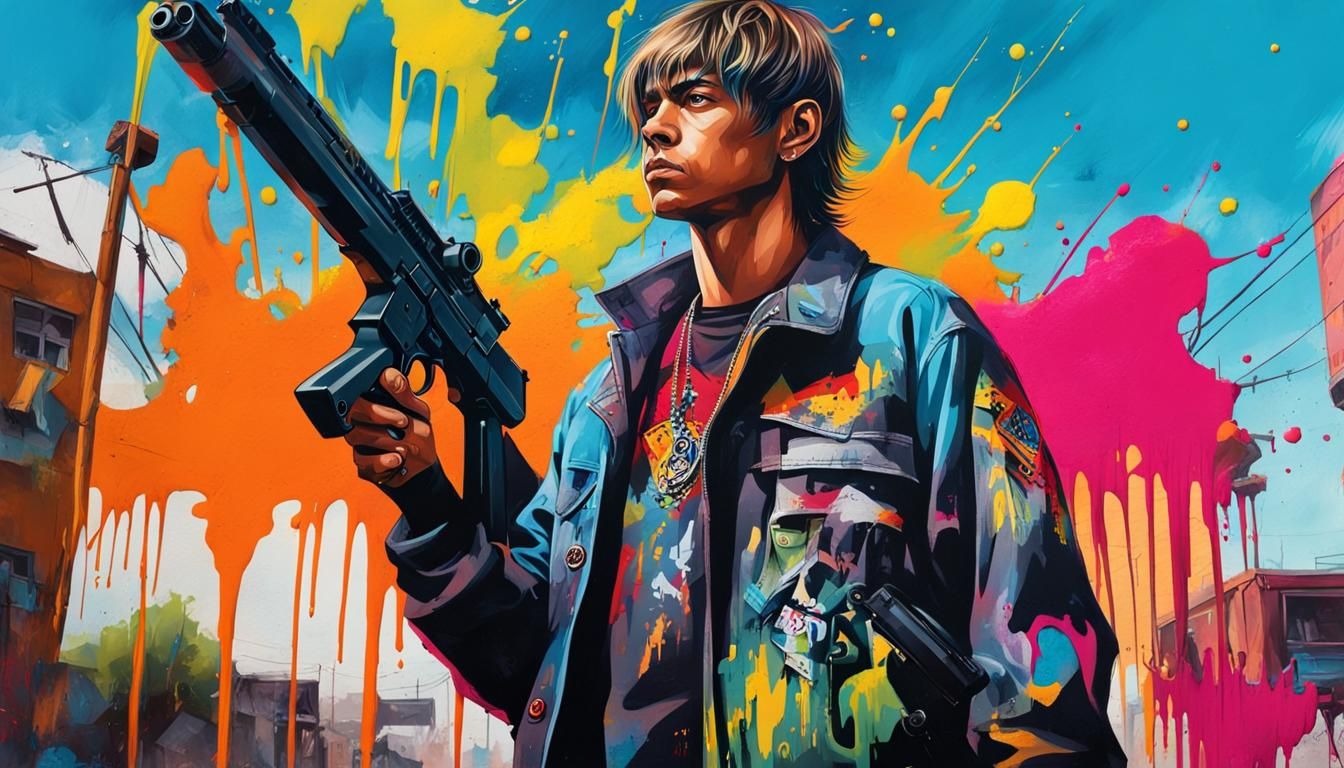 Boy in War Zone, Graffiti Art Portrait