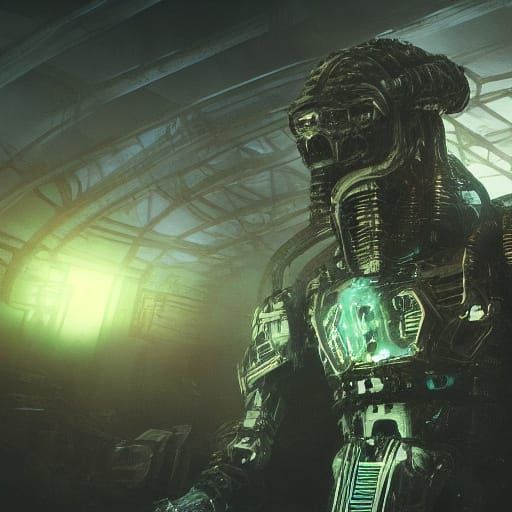 Tech-Cleric Channels Green Energy in Dark Fantasy Ruins