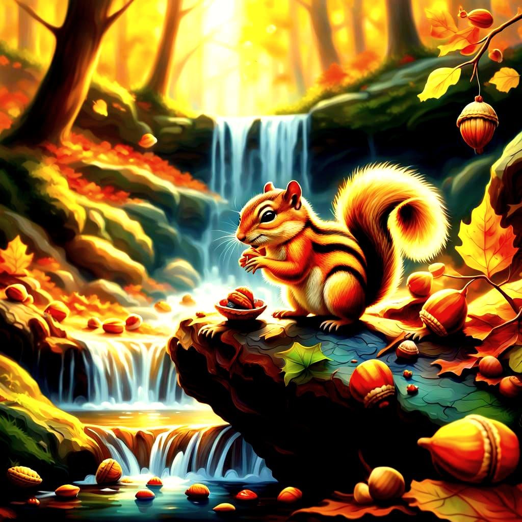 Chipmunks Playing in Autumn Waterfall Forest Wonderland