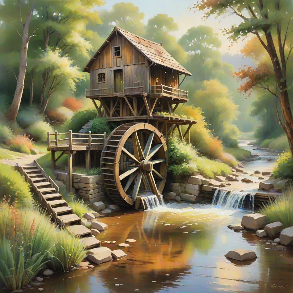 Impressionist Waterwheel in a Serene River Landscape