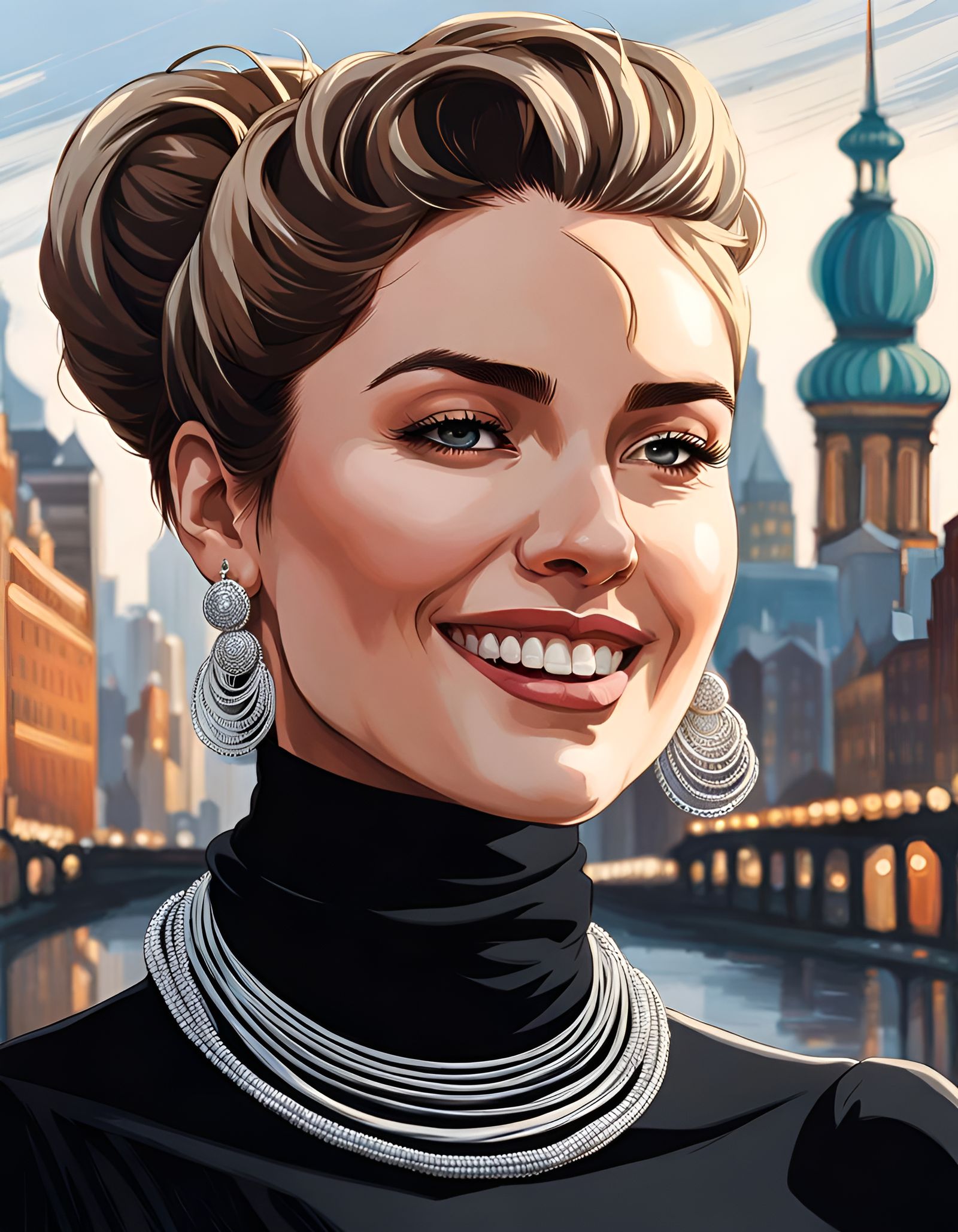 Elegant Brunette Portrait with Cityscape Background