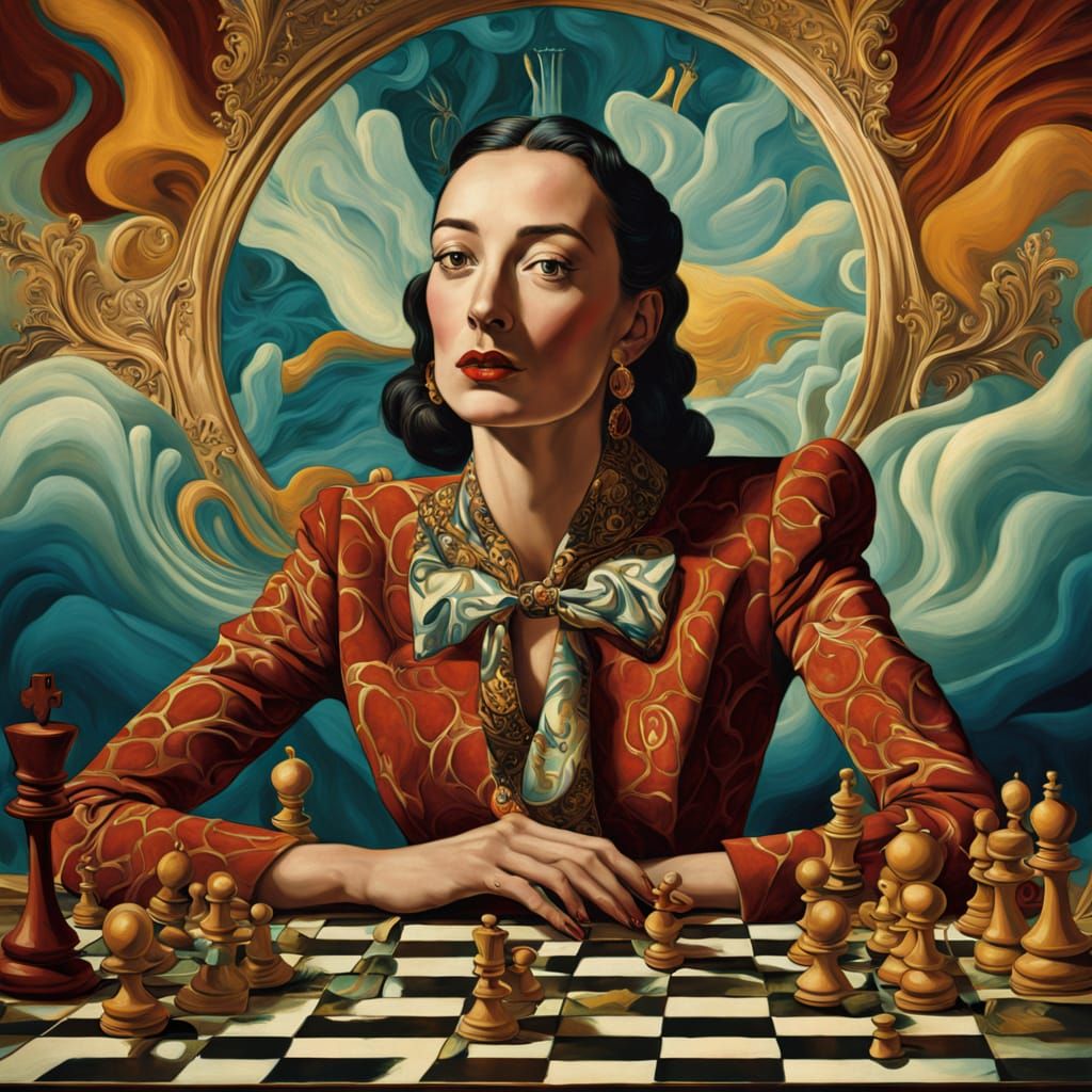 Surrealist Queen Triumphant in a Lavish Chessboard Scene