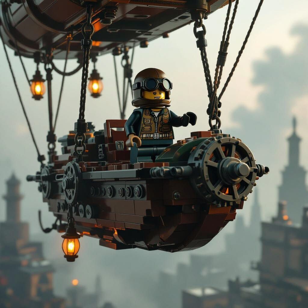 Lego Dieselpunk Airship Soaring Through Smoggy Skies