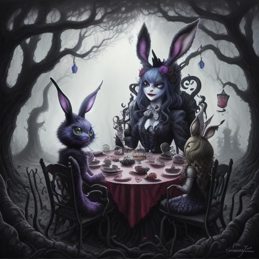 Dark Wonderland Tea Party in Alcohol Ink Style