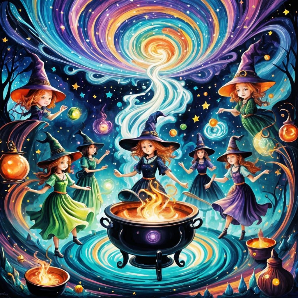 Whimsical Witches' Cauldron in Abstract Style