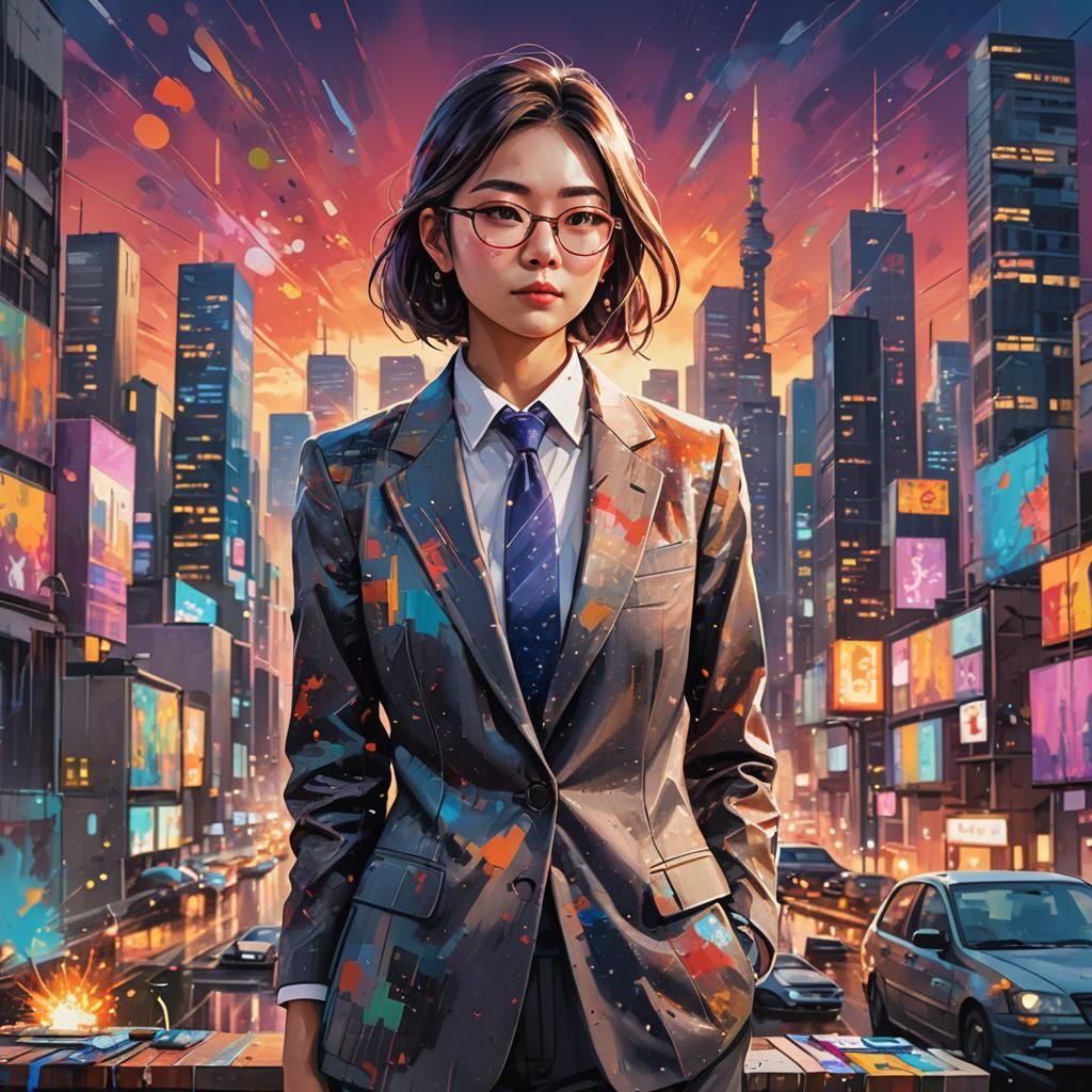 Businesswoman with Brush in Manga-Inspired Cityscape