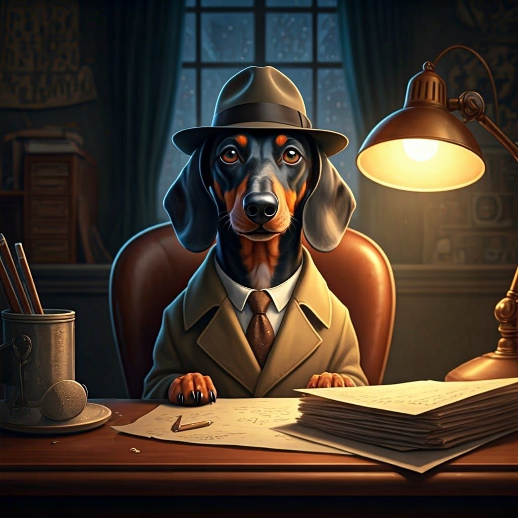 Sleuthful Dachshund Detective in a Noir Office