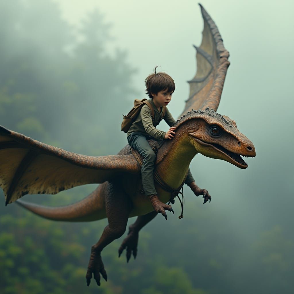 Epic Flying Boy and Pterodactyl Soar Through Misty Skies in ...