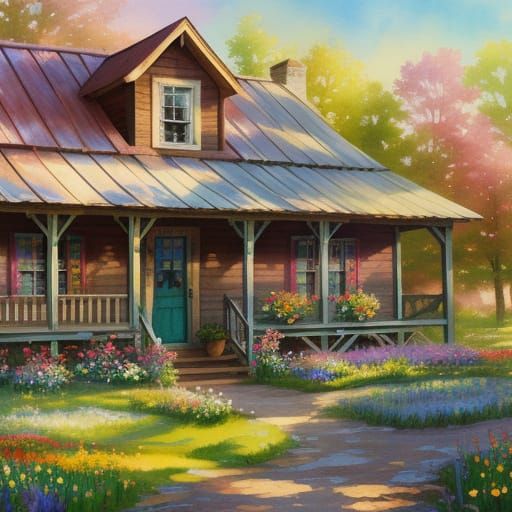 Whimsical Folk Art Farmhouse Scene in Impressionist Style