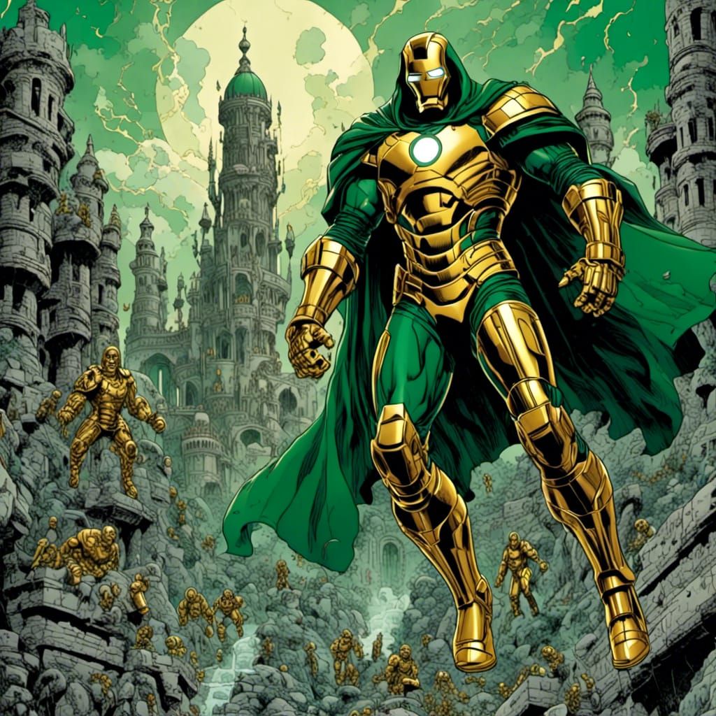 Golden Iron Doom Soars Over Castle: Comic Book Art