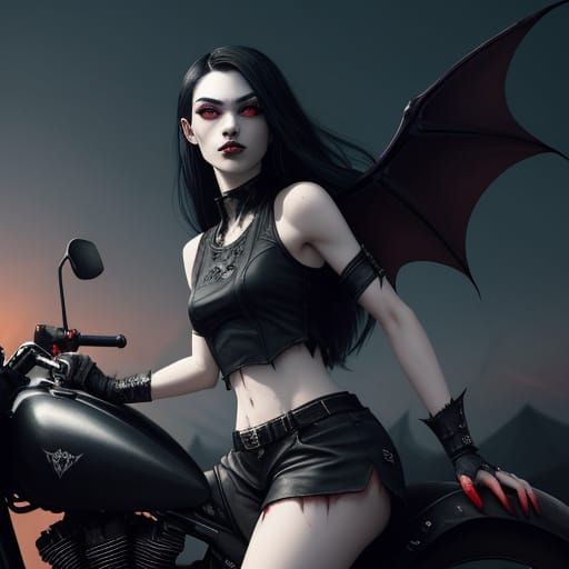 Dark Fantasy Vampire Goddess on Motorbike in Hyper-Realistic...