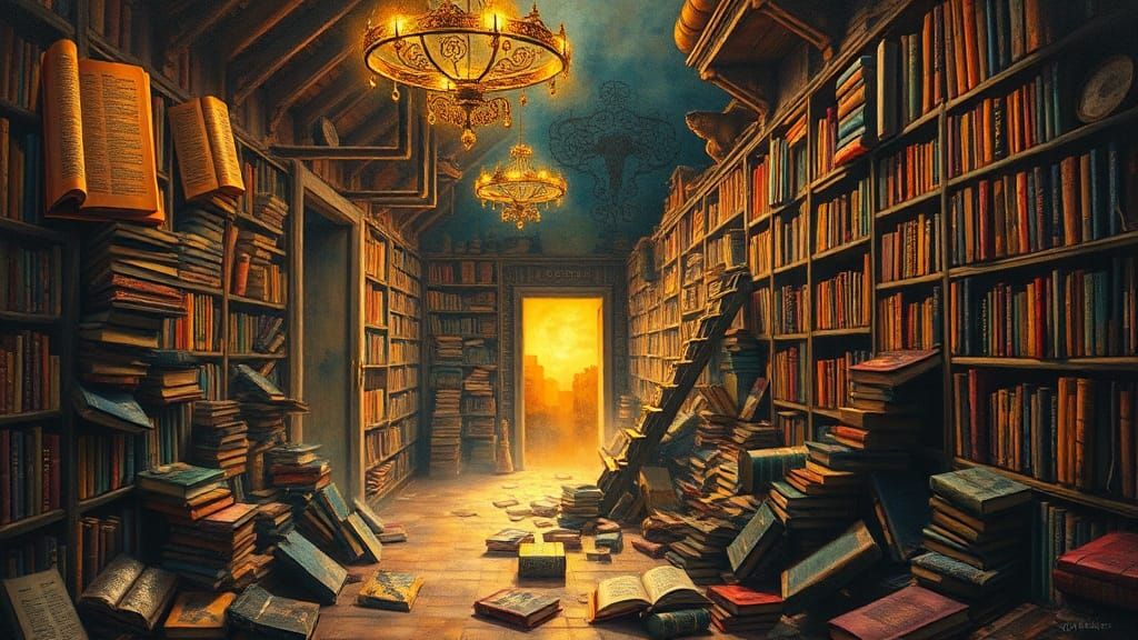 Chaotic Bookshop in Dreamy Watercolor Style