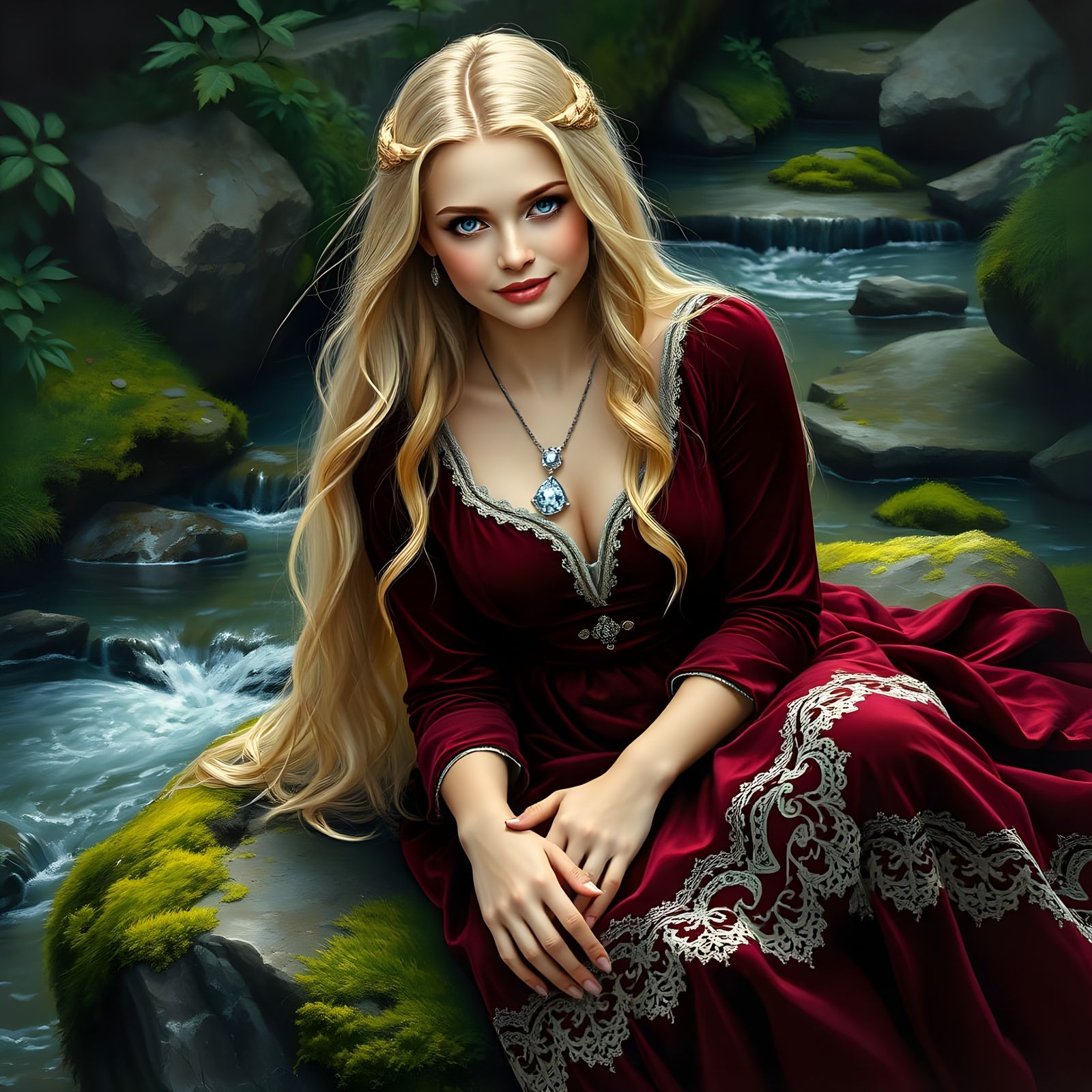 Ethereal Norse Goddess Sits by Brook in Dreamy Oil Painting