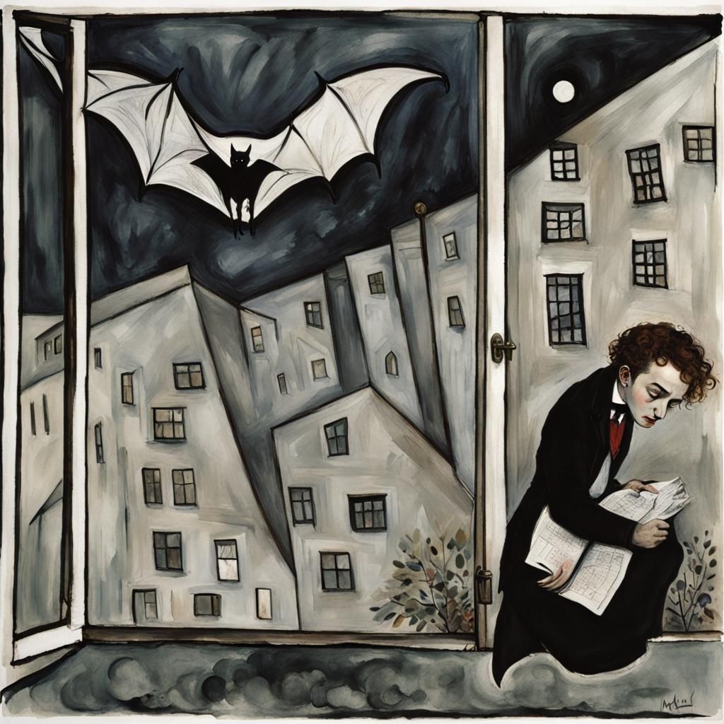 Vampire, Bat, and Tapir at Window: Expressionist Art