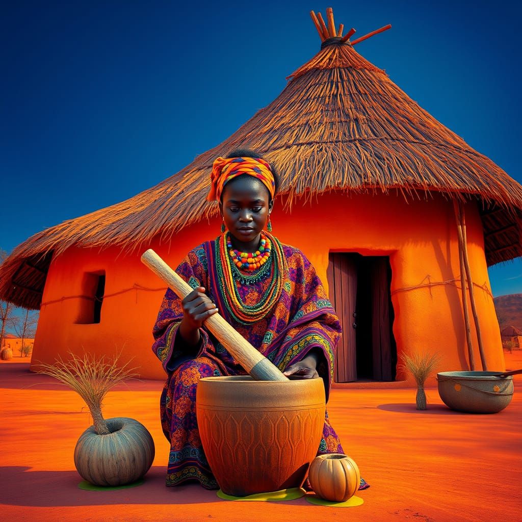 African Woman Pounding Fufu: Hyperrealistic Thermal Landscap...