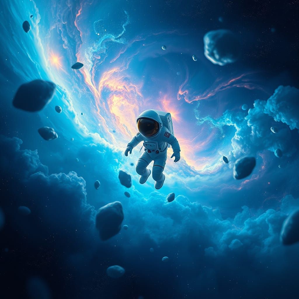 Astronaut Entangled in Shimmering Nebula: Digital Art