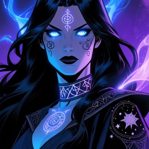 Mystical Female Wizard Portrait with Glowing Eyes