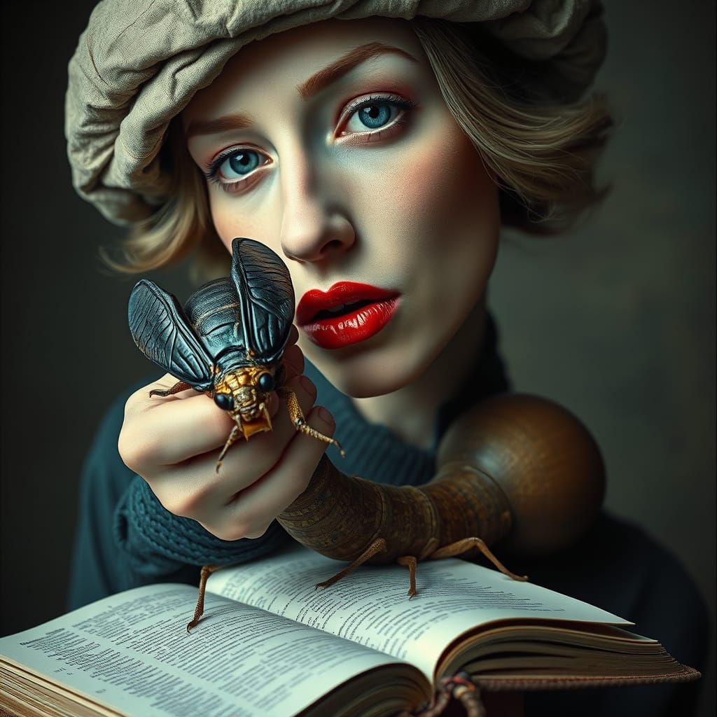 Surreal Woman Holds Bug with Wrinkled Hat in Dreamlike Light