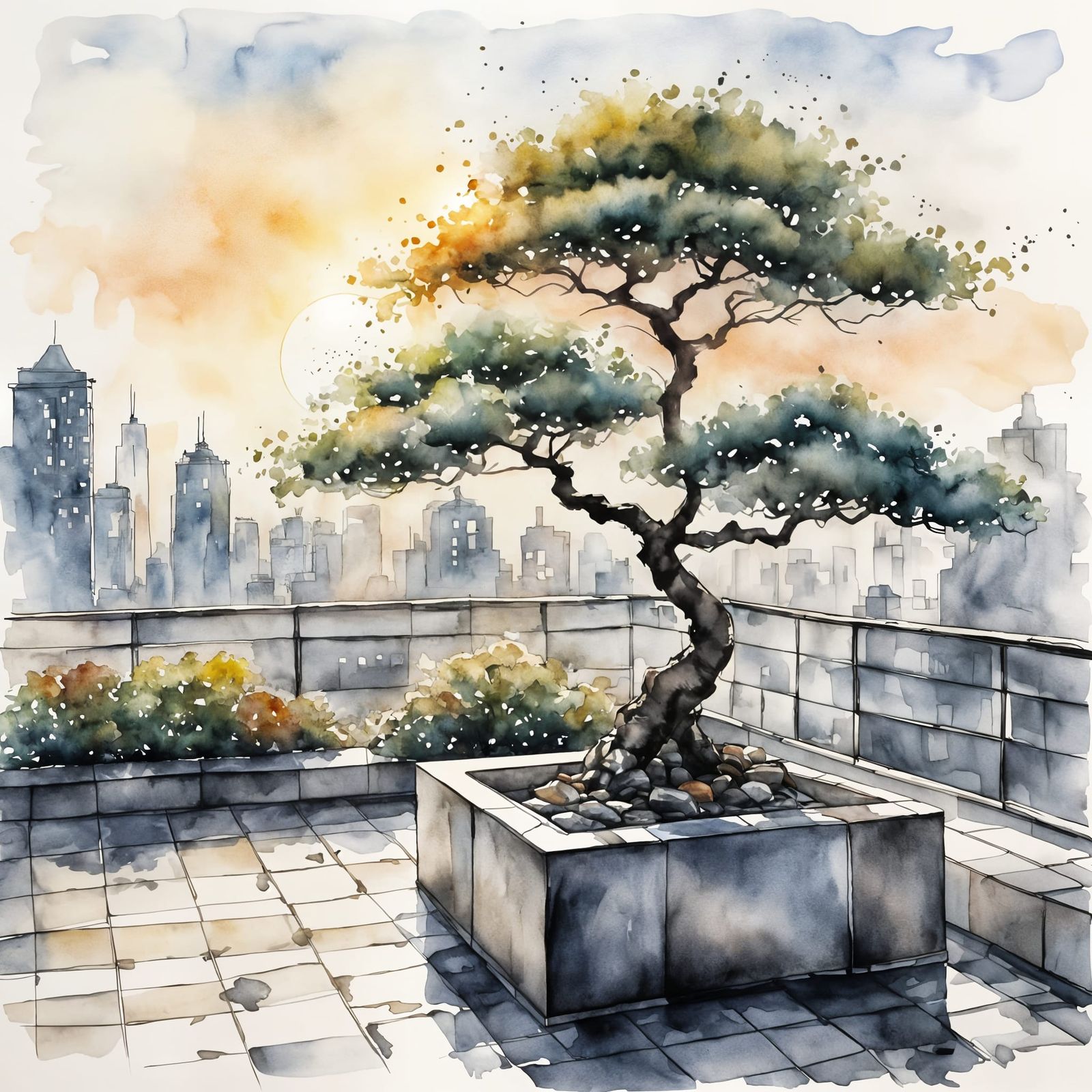 Peaceful Rooftop Garden at Sunrise in Watercolor Style
