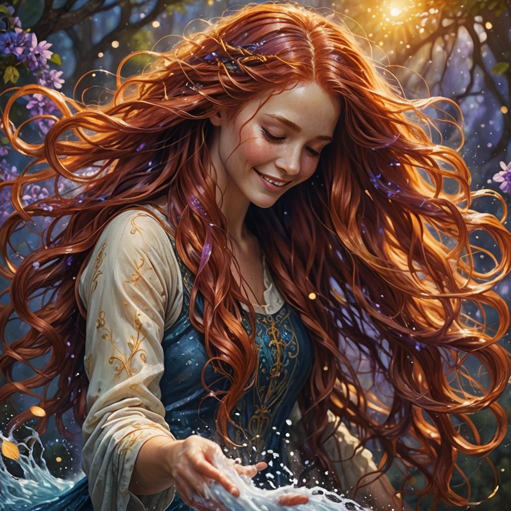 Ethereal Woman with Flowing Red Hair in Fantasy Art