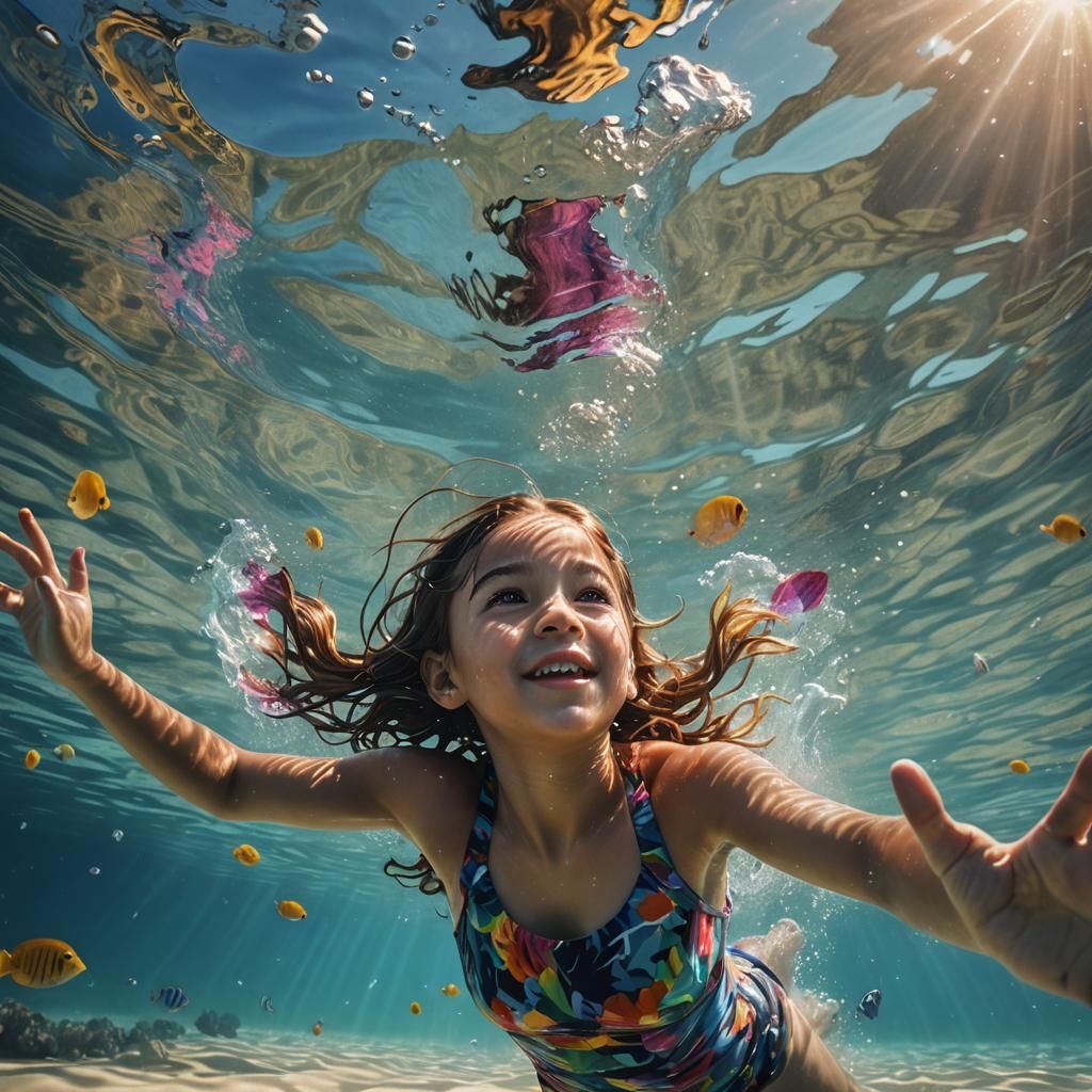 Hyperrealistic Little Girl Swimming at the Beach