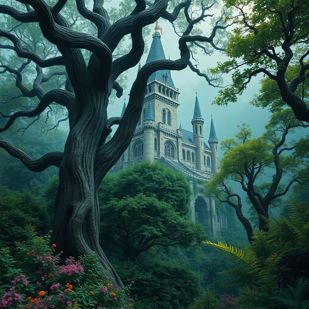 Majestic Castle Fortress Among Vibrant Wildflowers