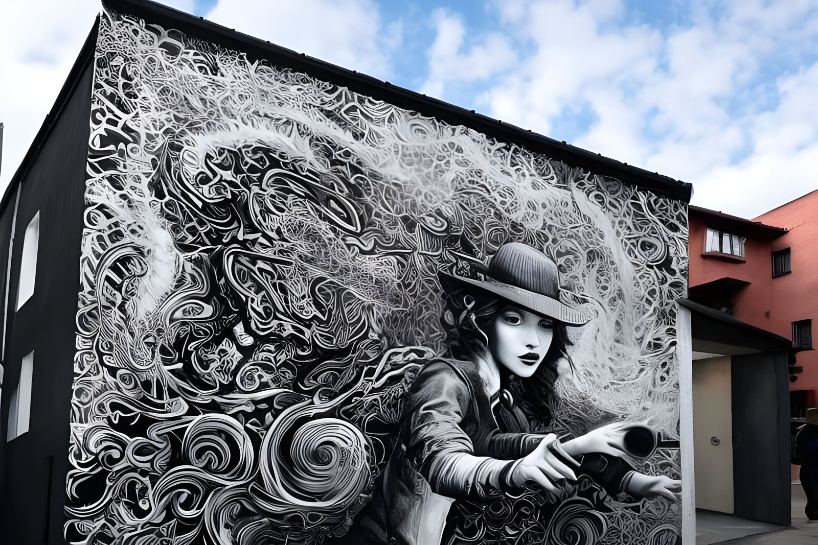 Black and White Mural of a Female Private Eye