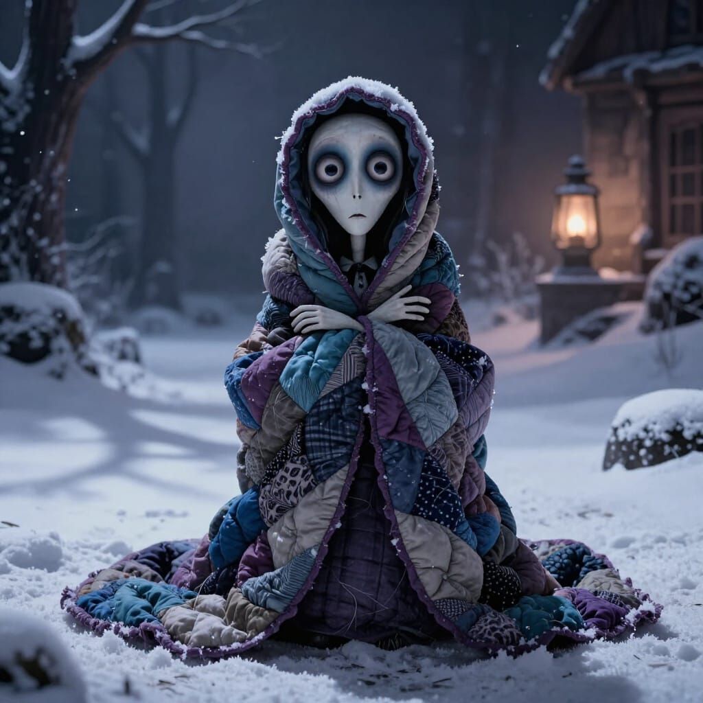 Figure in Quilt Expresses Gratitude in Snowy Landscape