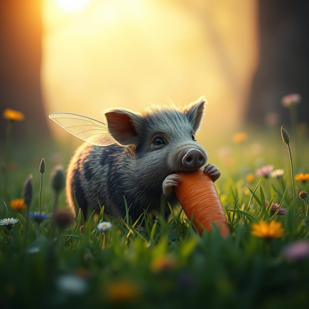 Vintage Fantasy Hog Chomps Golden Carrot in Soft Morning Lig...