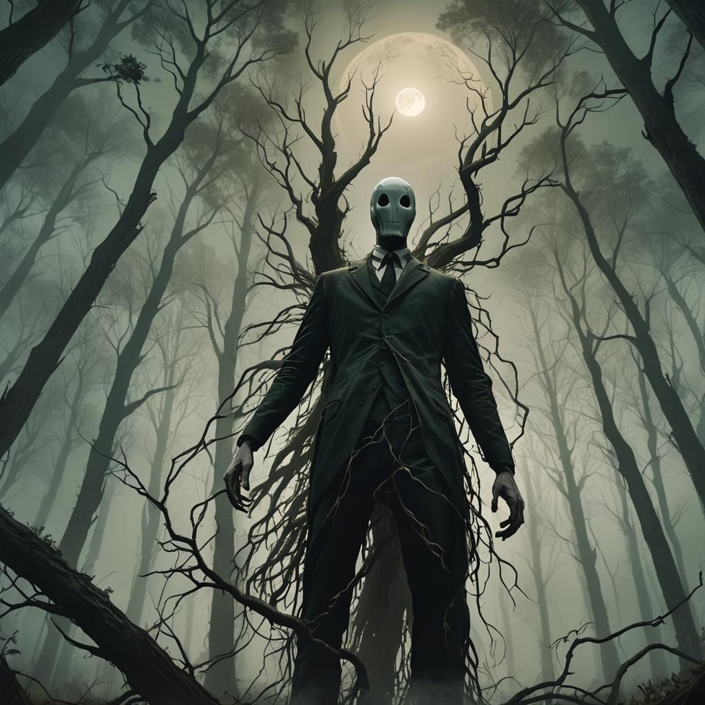 Slenderman in Misty Forest: Dark Cinematic Art