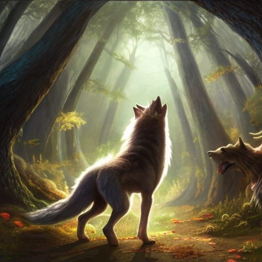 Wolf and Red Riding Hood in Glowing Forest