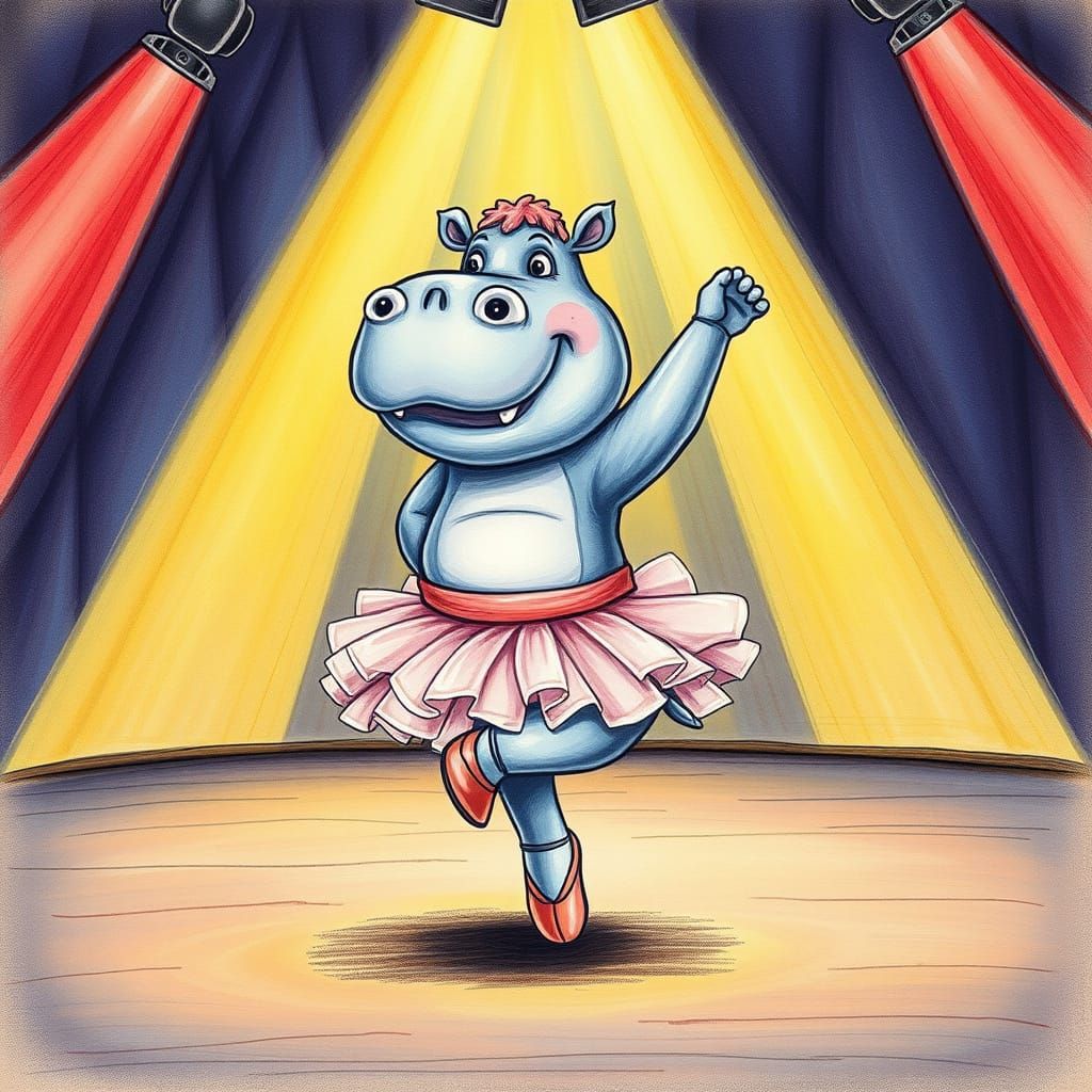 Hippopotamus Ballerina in Psychedelic Spotlight, Detailed Pe...