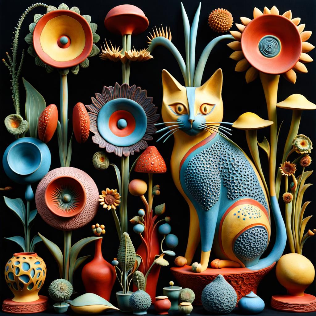 Clay pottery sculpture Max Ernst cat bird  Surrealism "Strange flowers and plants  Surrealism 3d pottery clay sculpture ...
