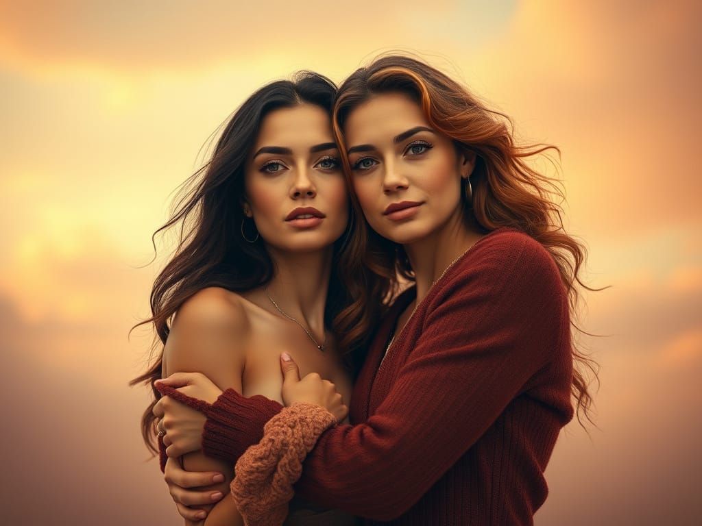 Intimate Embrace of Two Women in Warm Earthy Tones