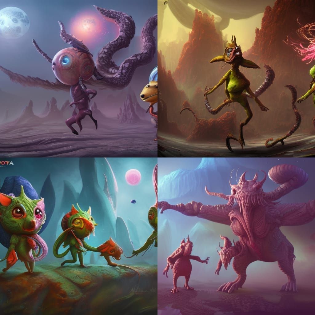 Cartoon Creatures Explore Planet in Detailed Matte Painting